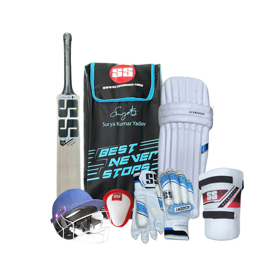 SS SKY Super Kashmir Willow Cricket Junior Kit, Complete Set with Accessories, Bat, Kit Bag, Gloves, Guards